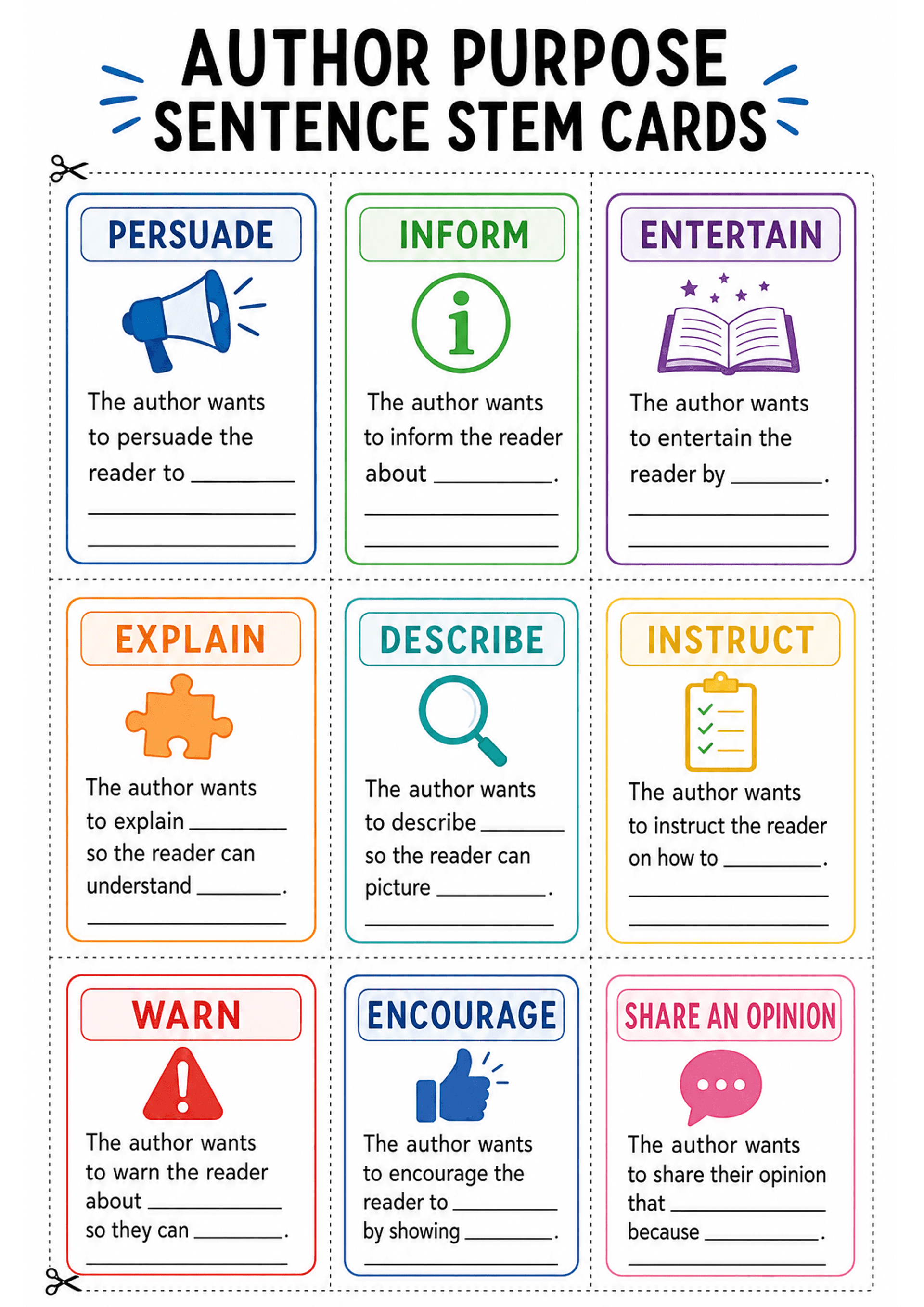 Author Purpose Sentence Stem Cards: A single A4 page with a title 'AUTHOR PURPOSE SENTENCE STEM CARDS' and dotted cut lines forming a 3x3 grid of rectangular cards. Each card has a coloured border and header (examples visible: PERSUADE with a megaphone icon, INFORM with an 'i' icon, ENTERTAIN with an open book, EXPLAIN with a puzzle piece, DESCRIBE with a magnifying glass, INSTRUCT with a clipboard, WARN with a warning triangle, ENCOURAGE with a thumbs-up, SHARE AN OPINION with a speech bubble)...
