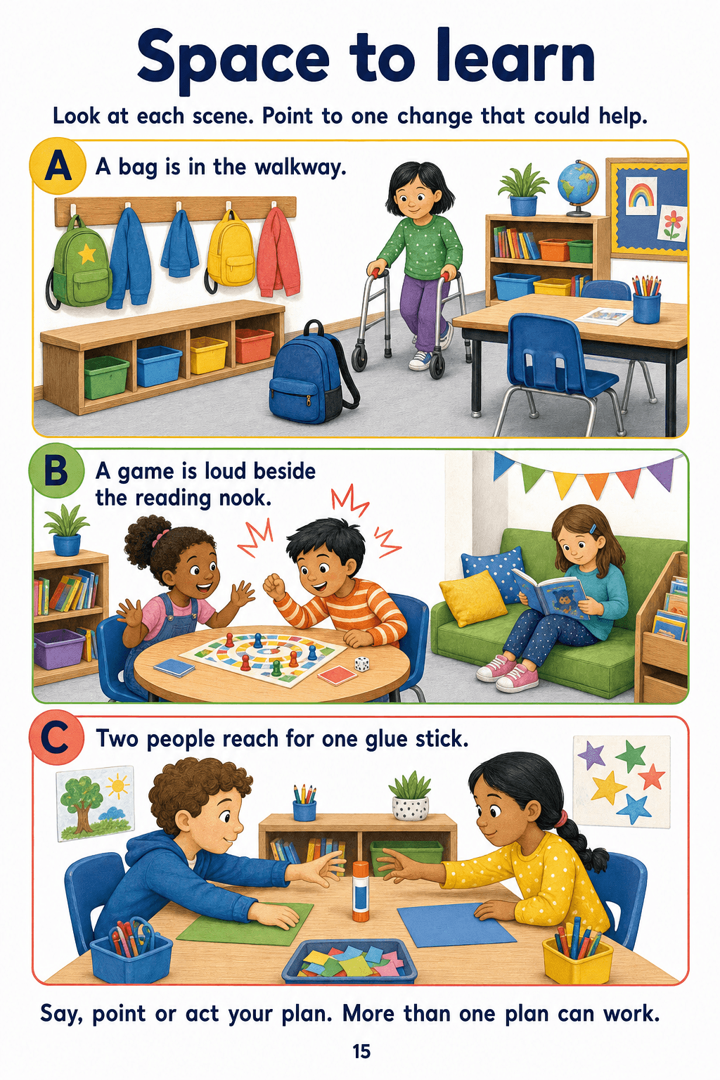 Three classroom problem scenes: a bag in a walkway, a loud game and one shared glue stick.