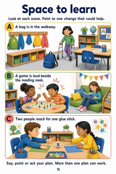 Three classroom problem scenes: a bag in a walkway, a loud game and one shared glue stick.