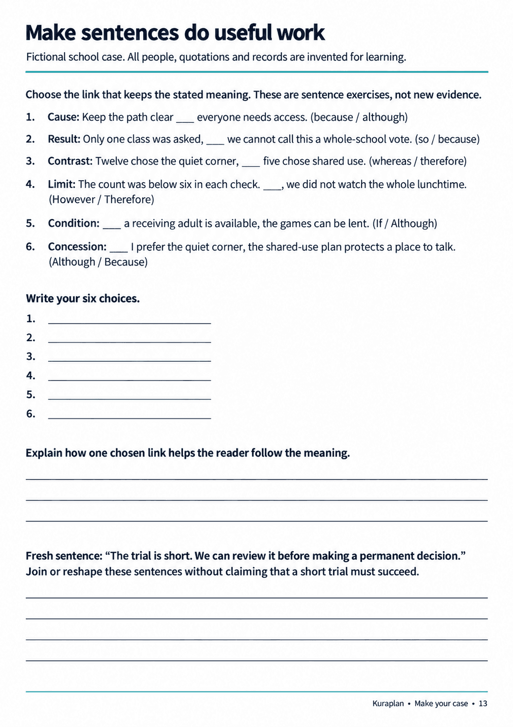 A complete worksheet with six sentence-link choices, explanation lines and a fresh sentence task about reviewing a trial.