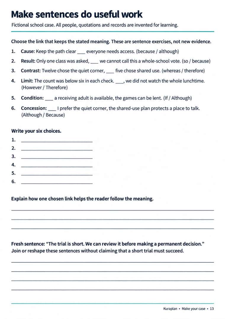 A complete worksheet with six sentence-link choices, explanation lines and a fresh sentence task about reviewing a trial.