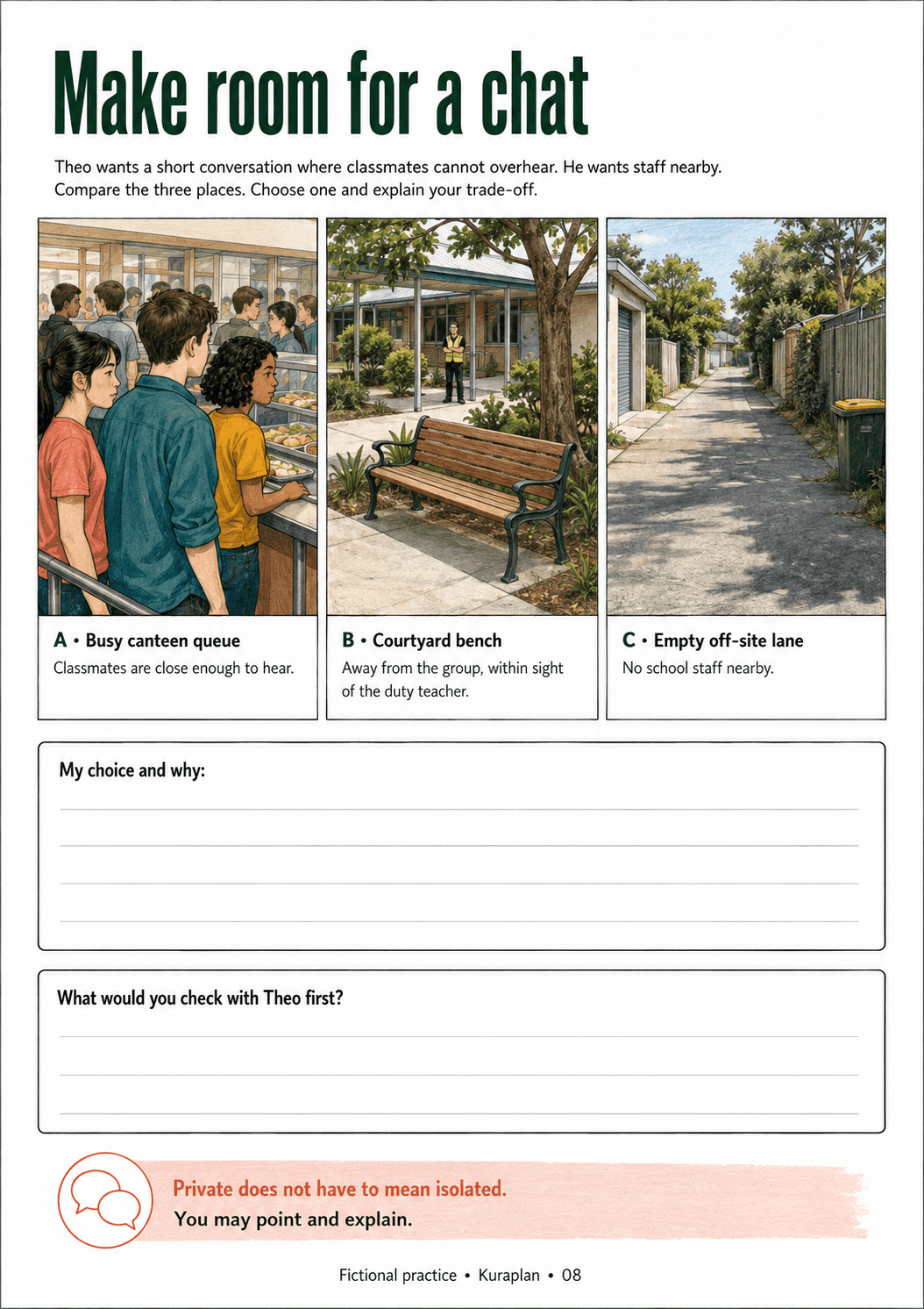 Make room for a chat. Choose a private but safe context using explicit constraints