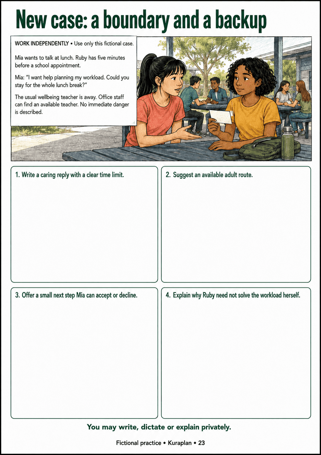 New case: a boundary and a backup. Combine care, realistic limits and an available adult route