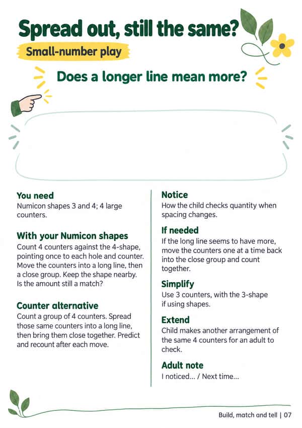 A4 adult guide, “Spread out, still the same?”, with material lists, Numicon and counter routes, checking prompts and space for a brief adult note.