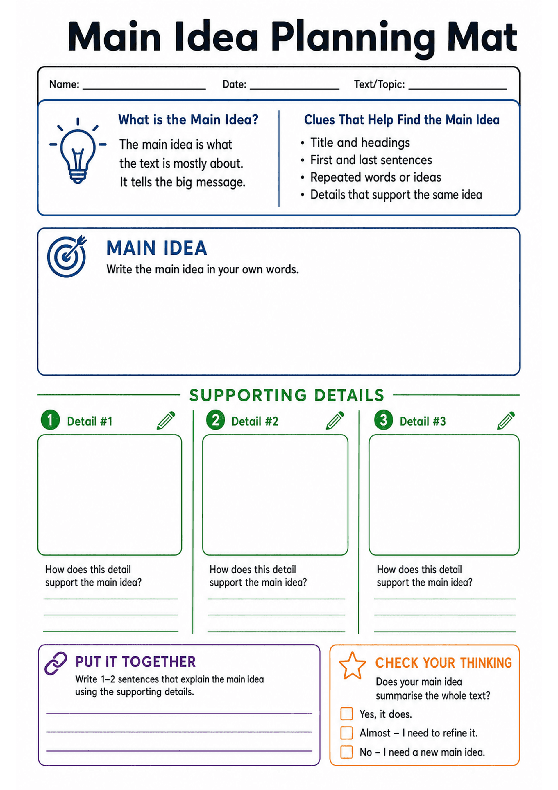 Main Idea Planning Mat: A4 portrait mat with header fields (Name, Date, Text/Topic); top-left box defining 'What is the Main Idea?' and top-right bullet list 'Clues That Help Find the Main Idea' (title/headings, first/last sentences, repeated words, supporting details). Large blue-framed 'MAIN IDEA' box for writing the main idea. Green 'SUPPORTING DETAILS' area with three numbered columns (Detail #1, #2, #3), each containing a square box for a quoted/paraphrased detail and lines underneath aski...