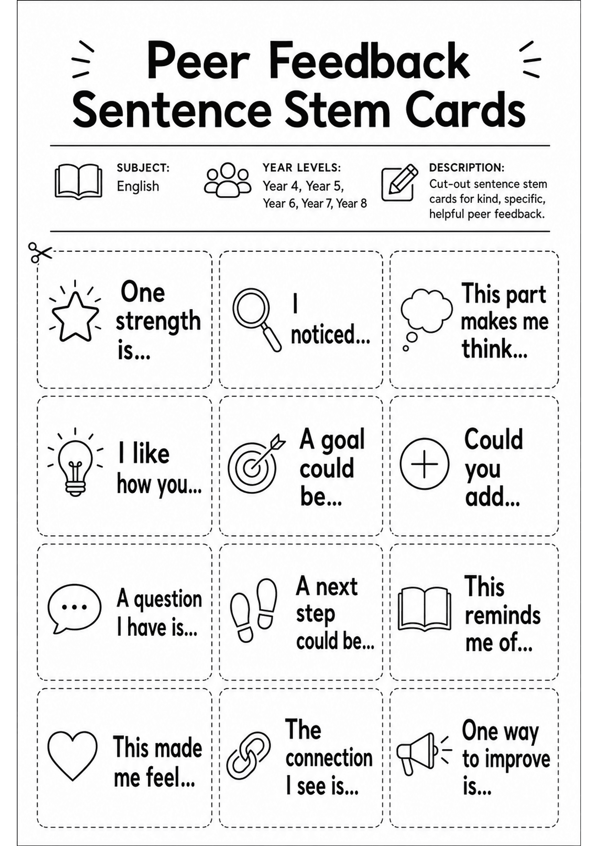 Peer Feedback Sentence Stem Cards: Portrait A4 single page with large title 'Peer Feedback Sentence Stem Cards' at top, subject/year/description icons under header. Grid of dashed rectangular cut-out cards (3 columns) each containing a simple icon (star, magnifying glass, thought bubble, lightbulb, target, plus sign, speech bubble, footprints, book, heart, link, megaphone) and a short sentence stem such as 'One strength is...', 'I noticed...', 'This part makes me think...', 'I like how you...',...