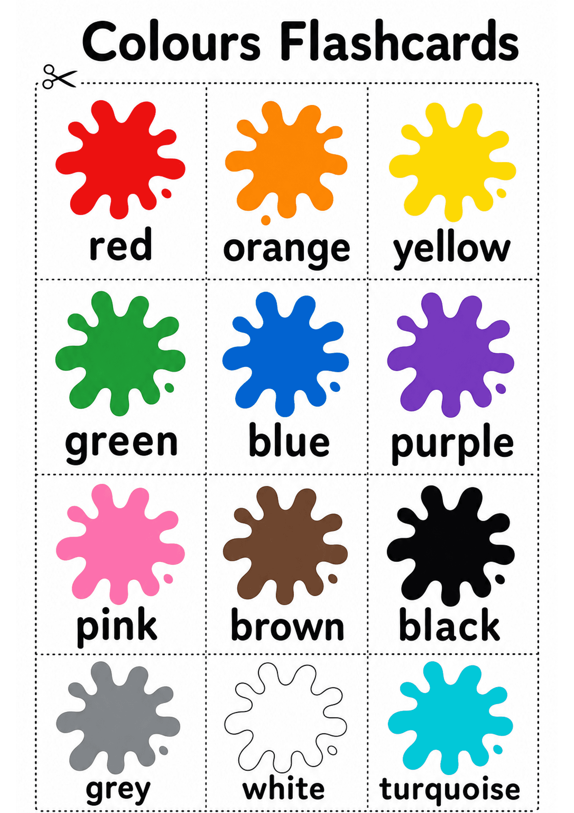 Colours Flashcards: A4 portrait sheet with the title 'Colours Flashcards' at the top and a grid of rectangular cards separated by dotted cut lines. Each card shows a paint-splash graphic filled with a colour and a single lowercase word label beneath (examples visible: red, orange, yellow, green, blue, purple, pink, brown, black, grey, white, turquoise). Text density is very low (one short word per card); there are no instructional paragraphs or small print.