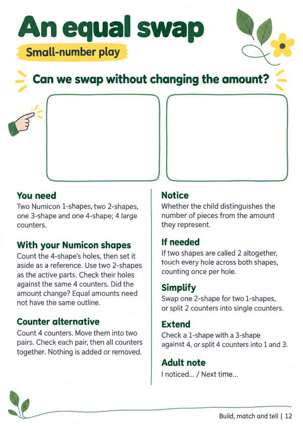 A4 adult guide, “An equal swap”, with material lists, Numicon and counter routes, checking prompts and space for a brief adult note.