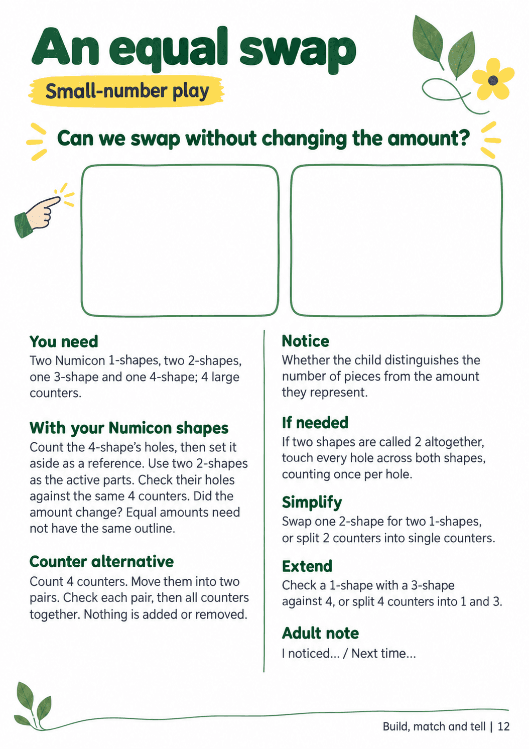 A4 adult guide, “An equal swap”, with material lists, Numicon and counter routes, checking prompts and space for a brief adult note.