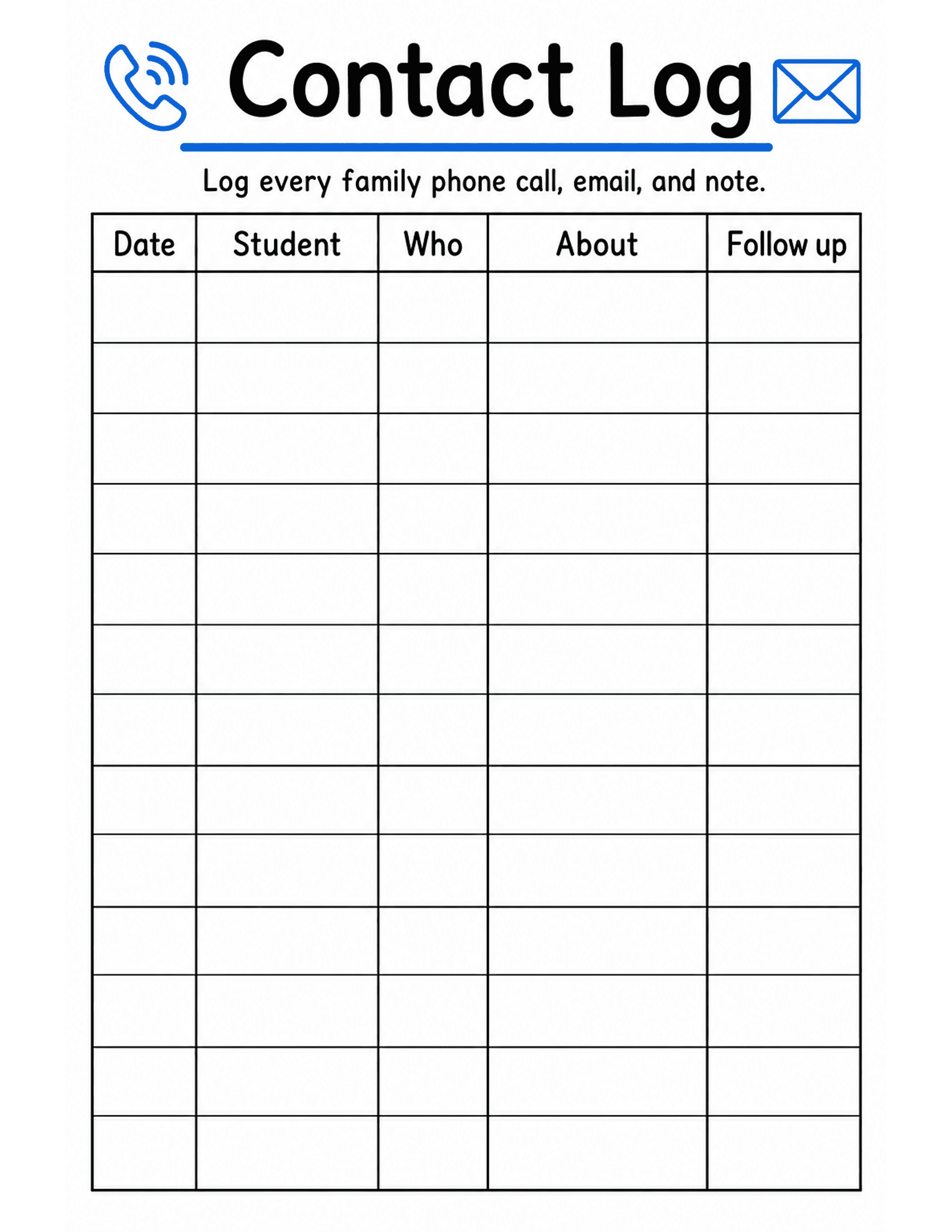 US Letter K-2 printable: Contact Log. Parent contact log table: date, student, who, about, follow up.
