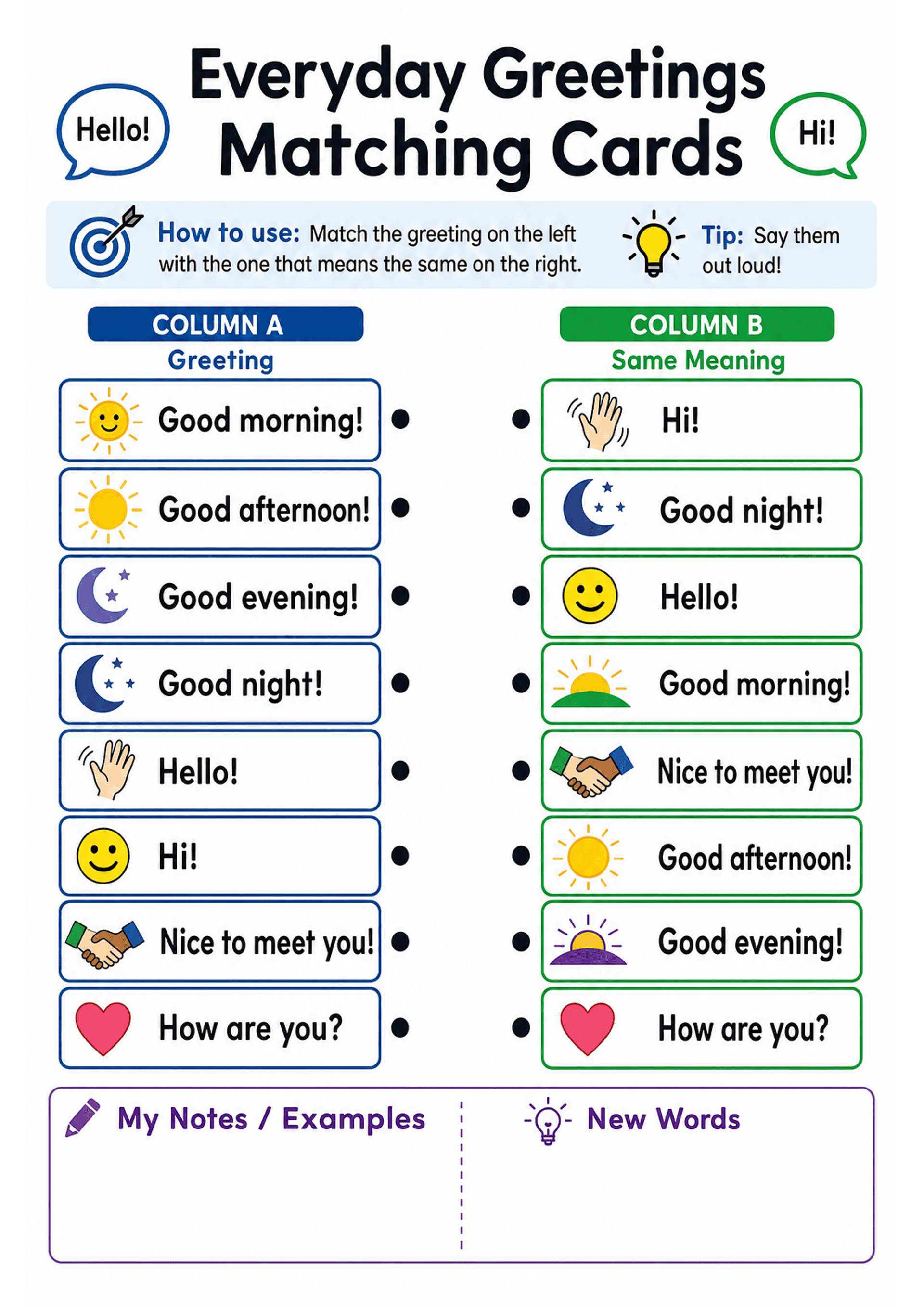 Everyday Greetings Matching Cards: A4 portrait printable with large title 'Everyday Greetings Matching Cards', a short 'How to use' instruction bar, two labelled columns (Column A: Greeting in blue; Column B: Same Meaning in green). Column A shows around eight boxed greetings with matching icons (sun, moon, waving hand, smiley, handshake, heart) such as 'Good morning!', 'Good afternoon!', 'Good evening!', 'Good night!', 'Hello!', 'Hi!', 'Nice to meet you!', 'How are you?'. Column B contains the...