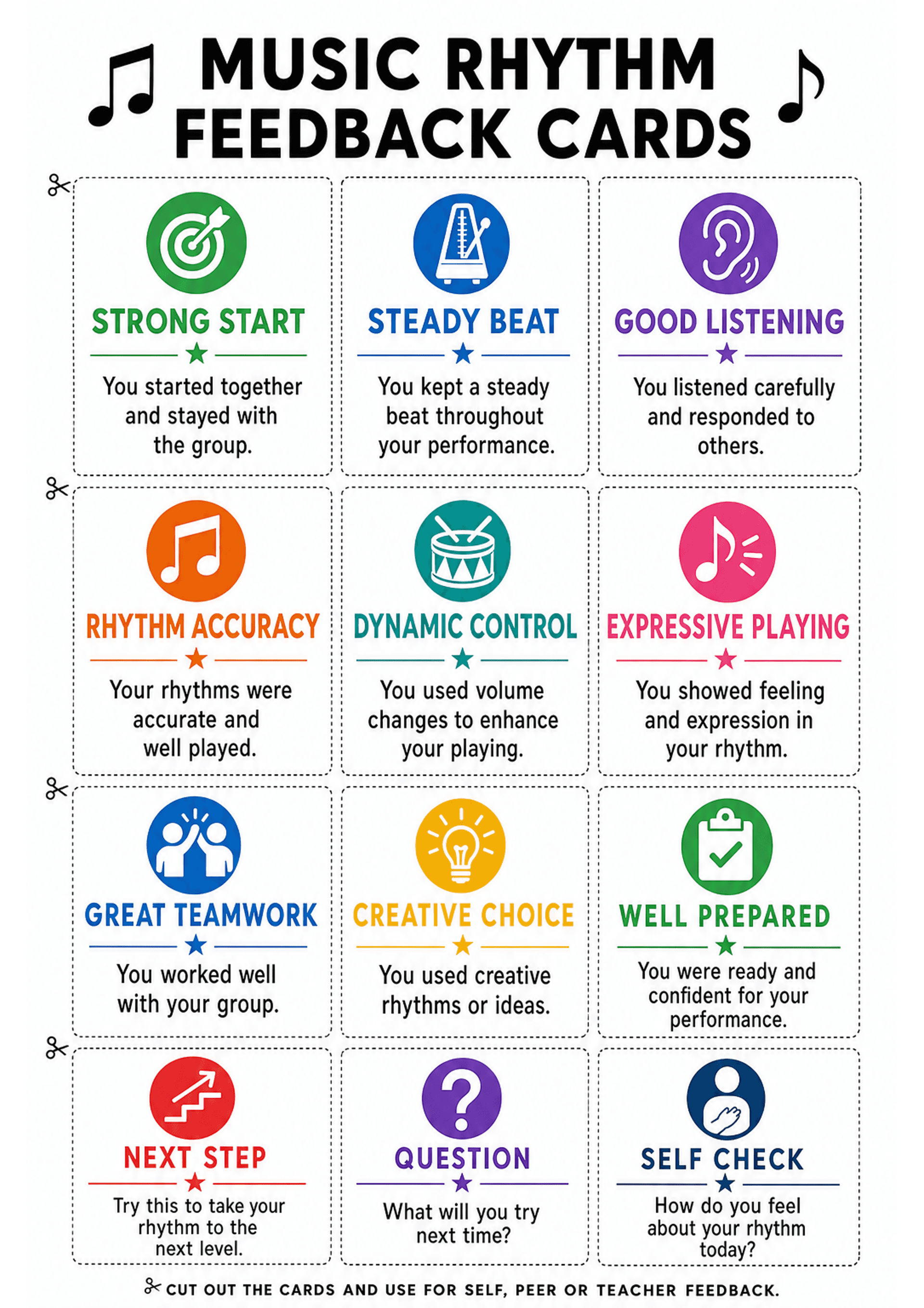 Music Rhythm Feedback Cards: A4 portrait layout with a large header 'MUSIC RHYTHM FEEDBACK CARDS' and a 3x4 grid of dashed-border rectangular cards with scissor icons at the left margins. Each card shows a coloured circular icon (different colour per card), a bold title (e.g., STRONG START, STEADY BEAT, RHYTHM ACCURACY, NEXT STEP, SELF CHECK), a small star divider, and one short sentence of explanatory feedback; overall low to moderate text density (large headings, smaller one-line descriptions...