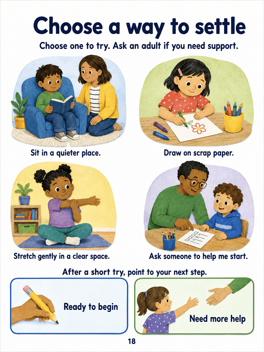 Four settling choices and two response options for readiness or more help.