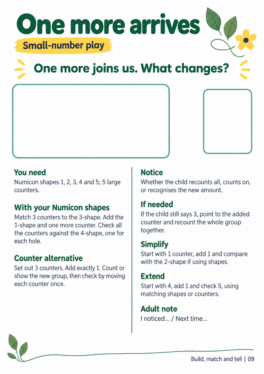 A4 adult guide, “One more arrives”, with material lists, Numicon and counter routes, checking prompts and space for a brief adult note.