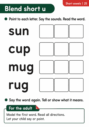 Blend and read sun, cup, mug and rug, then tell or show what each word means.