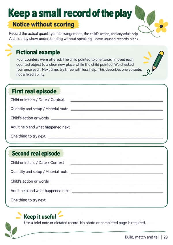 Adult observation page with a fictional example and two blank five-field records.