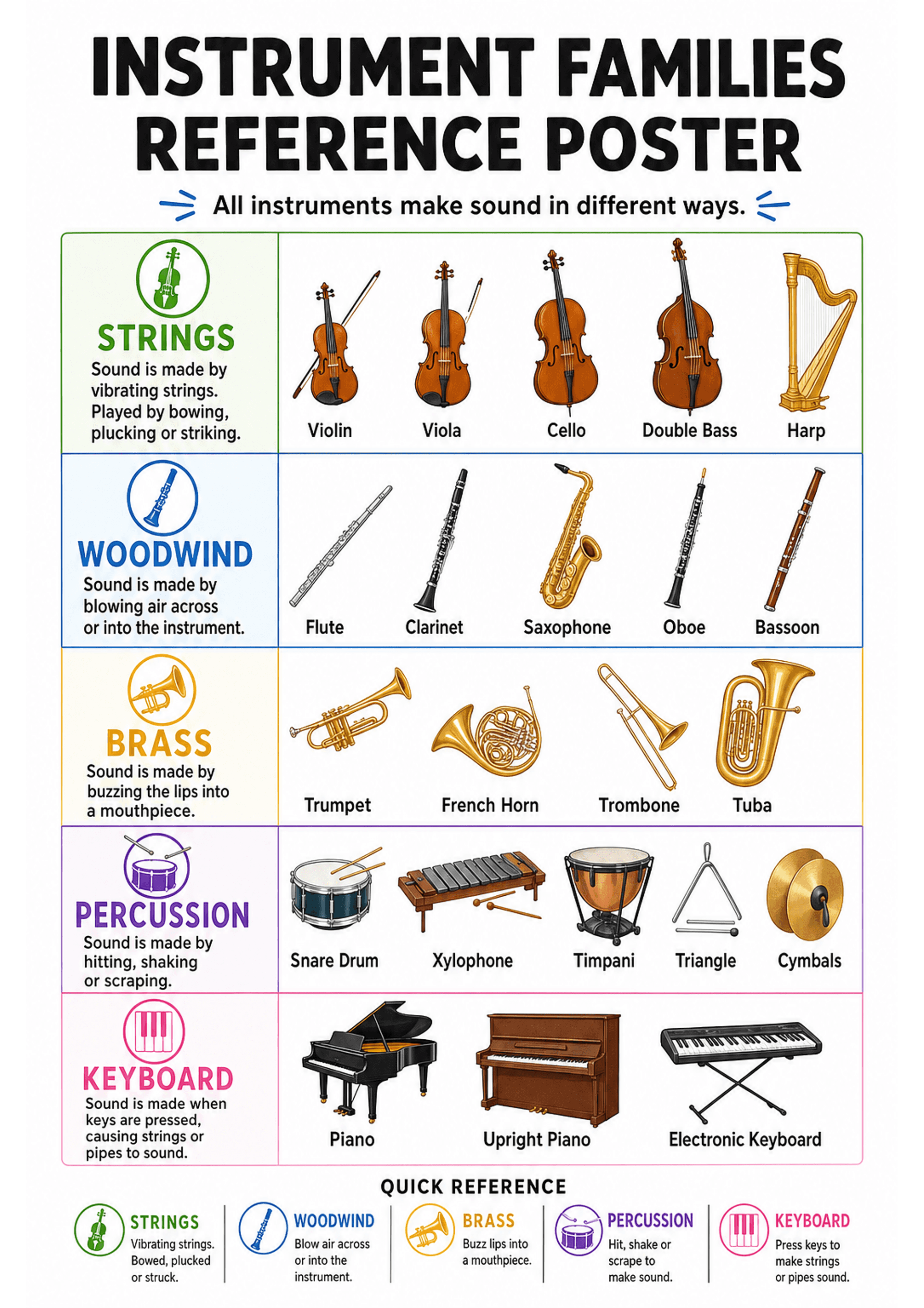 Instrument Families Reference Poster: Top title 'Instrument Families Reference Poster'; five horizontally stacked boxed sections each with a coloured icon and heading (STRINGS - green, WOODWIND - blue, BRASS - orange, PERCUSSION - purple, KEYBOARD - pink). Each section includes a one-line description of how sound is produced, 4–6 coloured instrument illustrations with labels (e.g. Violin, Viola, Cello, Double Bass, Harp; Flute, Clarinet, Saxophone, Oboe, Bassoon; Trumpet, French Horn, Trombone,...