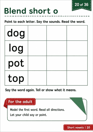Blend and read dog, log, pot and top, then tell or show what each word means.