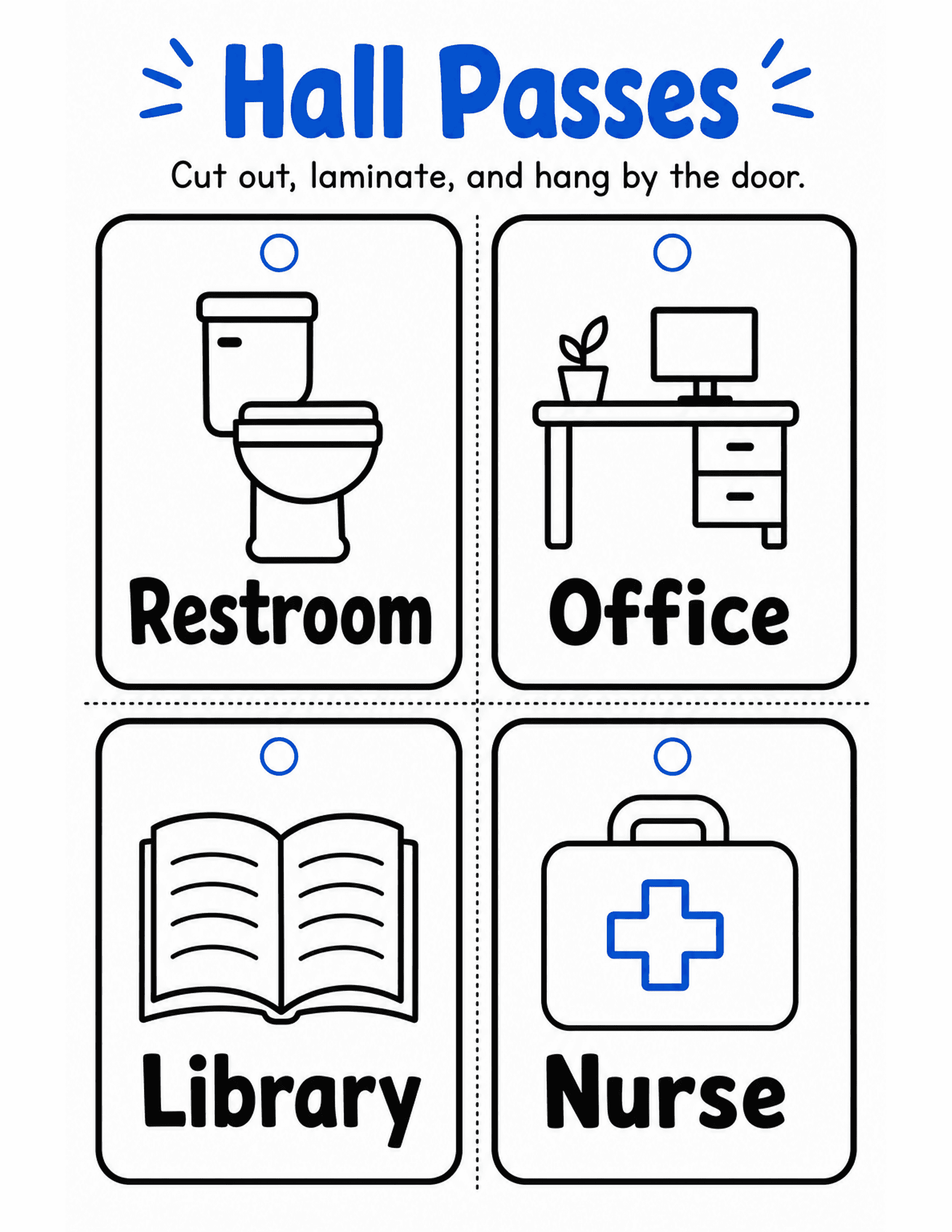 US Letter K-2 printable: Hall Passes. Four cut-out hall passes: restroom, office, library, nurse.