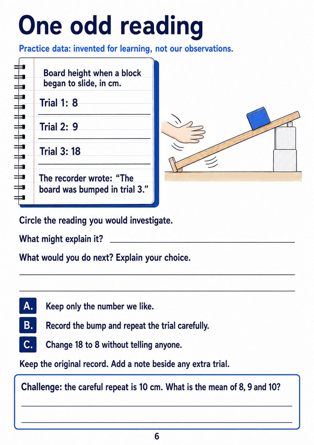 Notebook of invented ramp measurements with three neutral response choices and a mean challenge.
