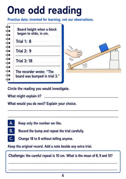 Notebook of invented ramp measurements with three neutral response choices and a mean challenge.