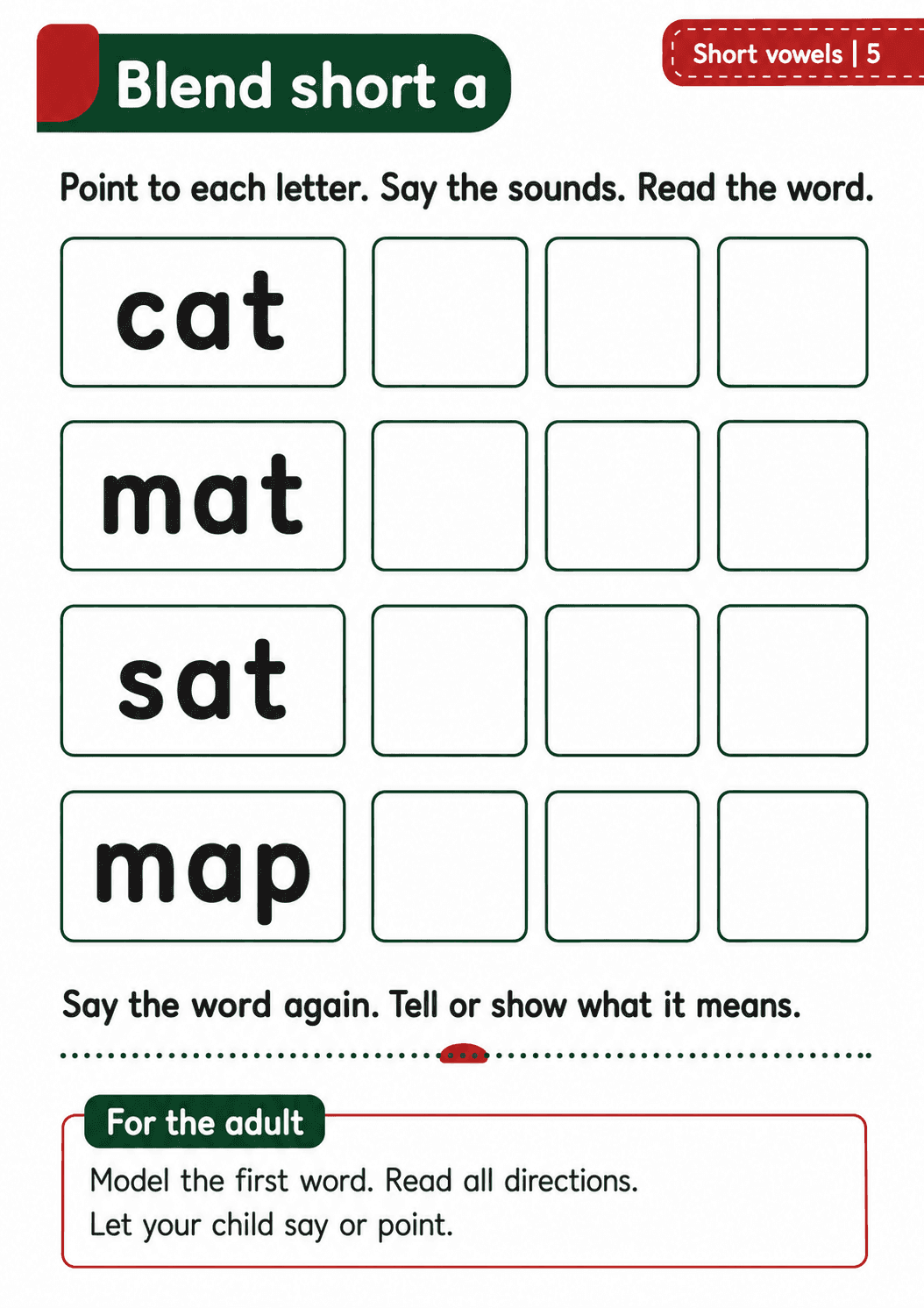 Blend and read cat, mat, sat and map, then tell or show what each word means.