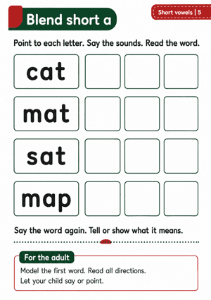 Blend and read cat, mat, sat and map, then tell or show what each word means.