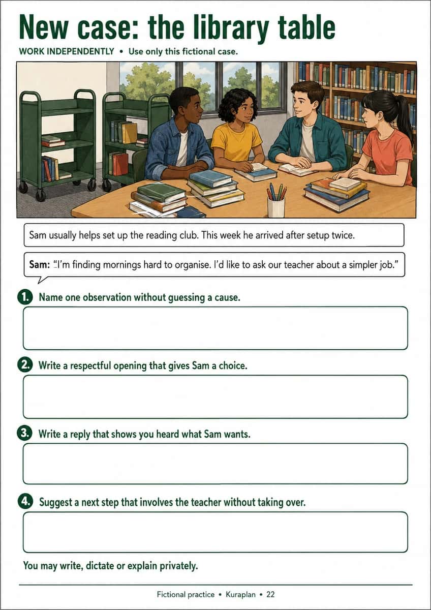 New case: the library table. Transfer observation, listening and help-seeking to a new scenario