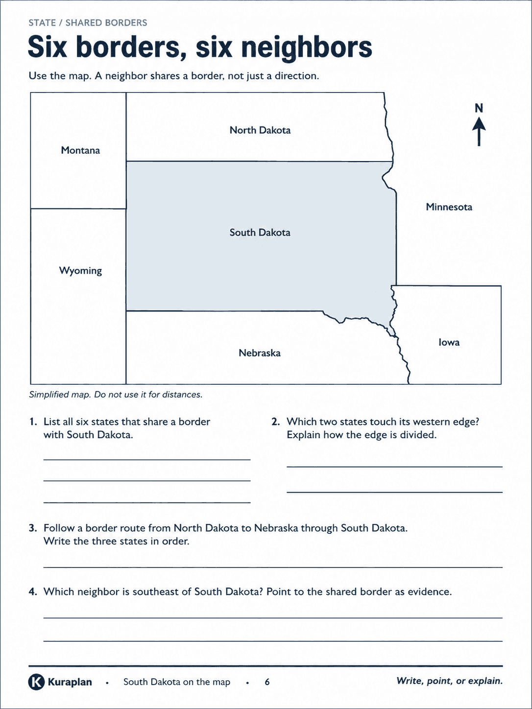 South Dakota and its six labeled neighbors, followed by shared-border questions.