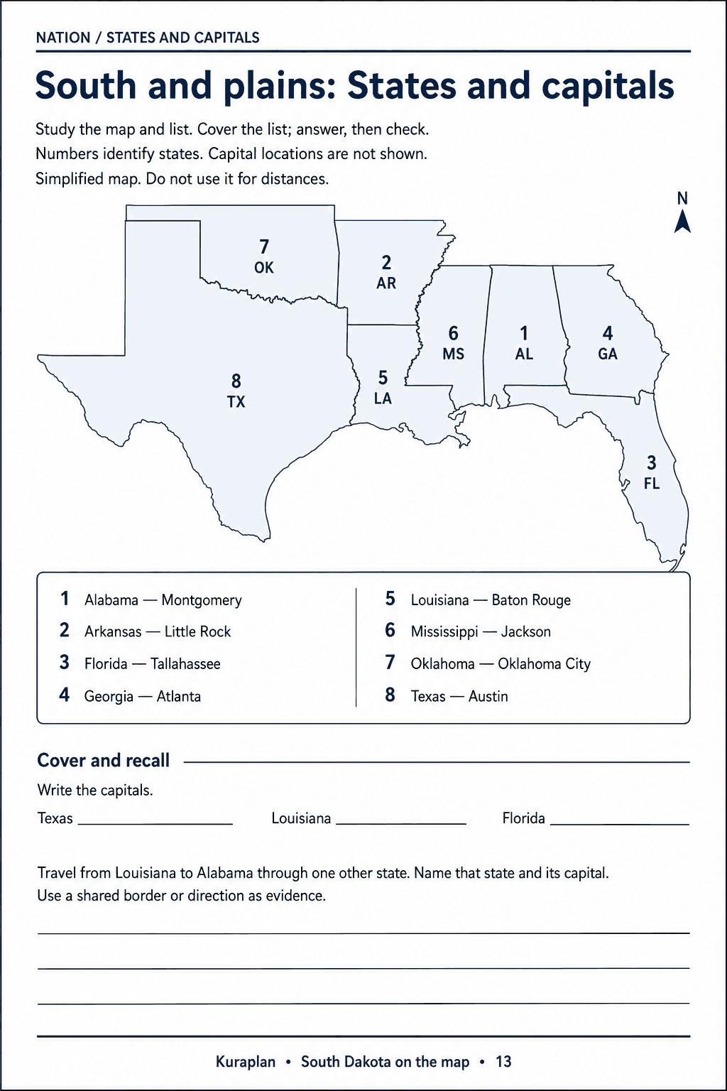 Eight selected southern and plains states with capital pairs, recall spaces and a Mississippi border-route question.