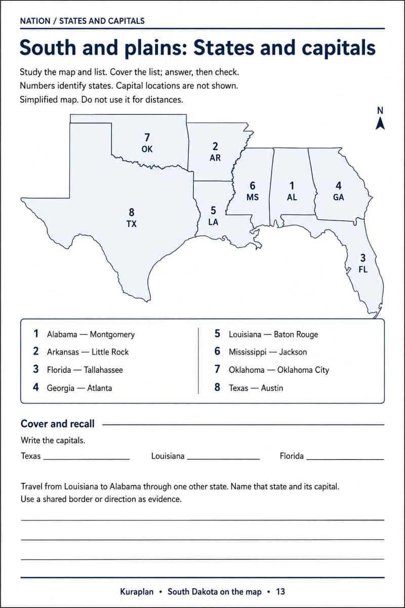 Eight selected southern and plains states with capital pairs, recall spaces and a Mississippi border-route question.