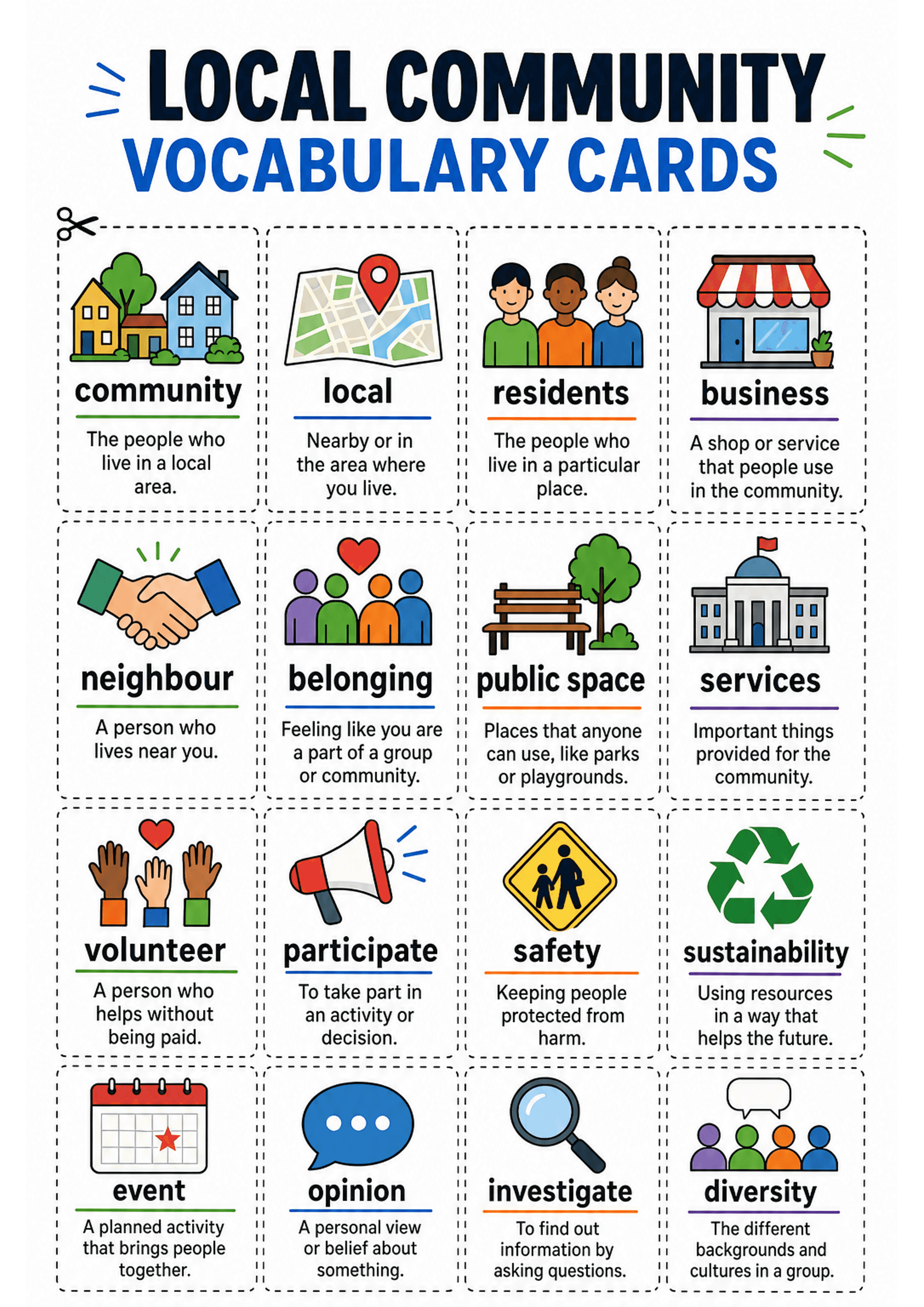 Local Community Vocabulary Cards: Portrait A4 sheet with large title 'LOCAL COMMUNITY VOCABULARY CARDS'; multiple dashed rectangular cards arranged in a grid; each card shows a colourful icon at top, a bold single-word label, a coloured underline, and a one- or two-line child-friendly definition beneath; cut/scissors symbol in top corner; consistent icon style and short text (low text density).
