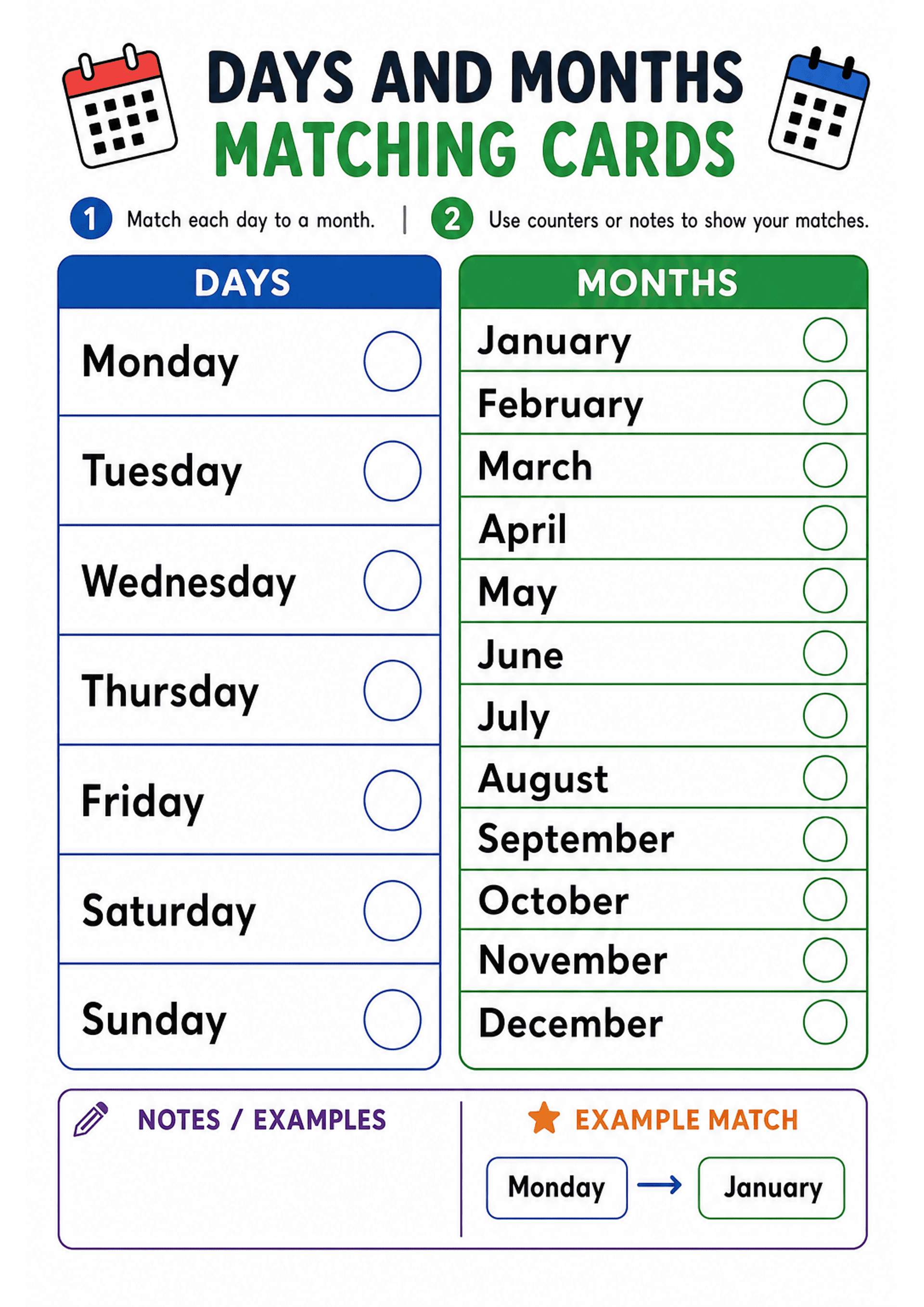 Days and Months Matching Cards: Large title 'DAYS AND MONTHS MATCHING CARDS' with calendar icons; two coloured columns: blue header 'DAYS' listing Monday–Sunday (each in a boxed row with an empty circle) and green header 'MONTHS' listing January–December (each in a boxed row with an empty circle). Numbered instructions: '1 Match each day to a month.' and '2 Use counters or notes to show your matches.' Lower section includes 'NOTES / EXAMPLES' box and an 'EXAMPLE MATCH' showing Monday → January.