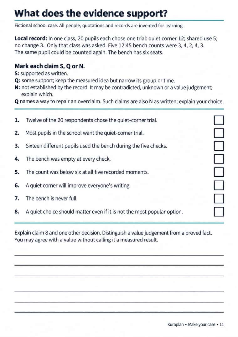 A complete worksheet with a class survey, five bench counts, eight claims, empty classification boxes and explanation lines.