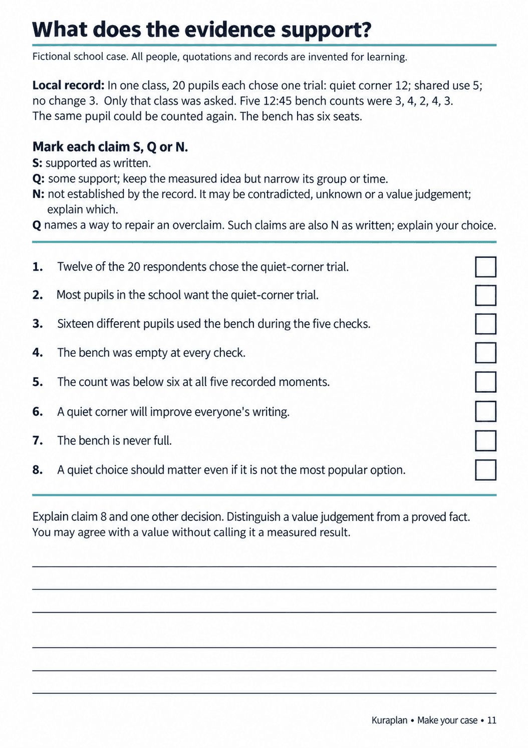 A complete worksheet with a class survey, five bench counts, eight claims, empty classification boxes and explanation lines.