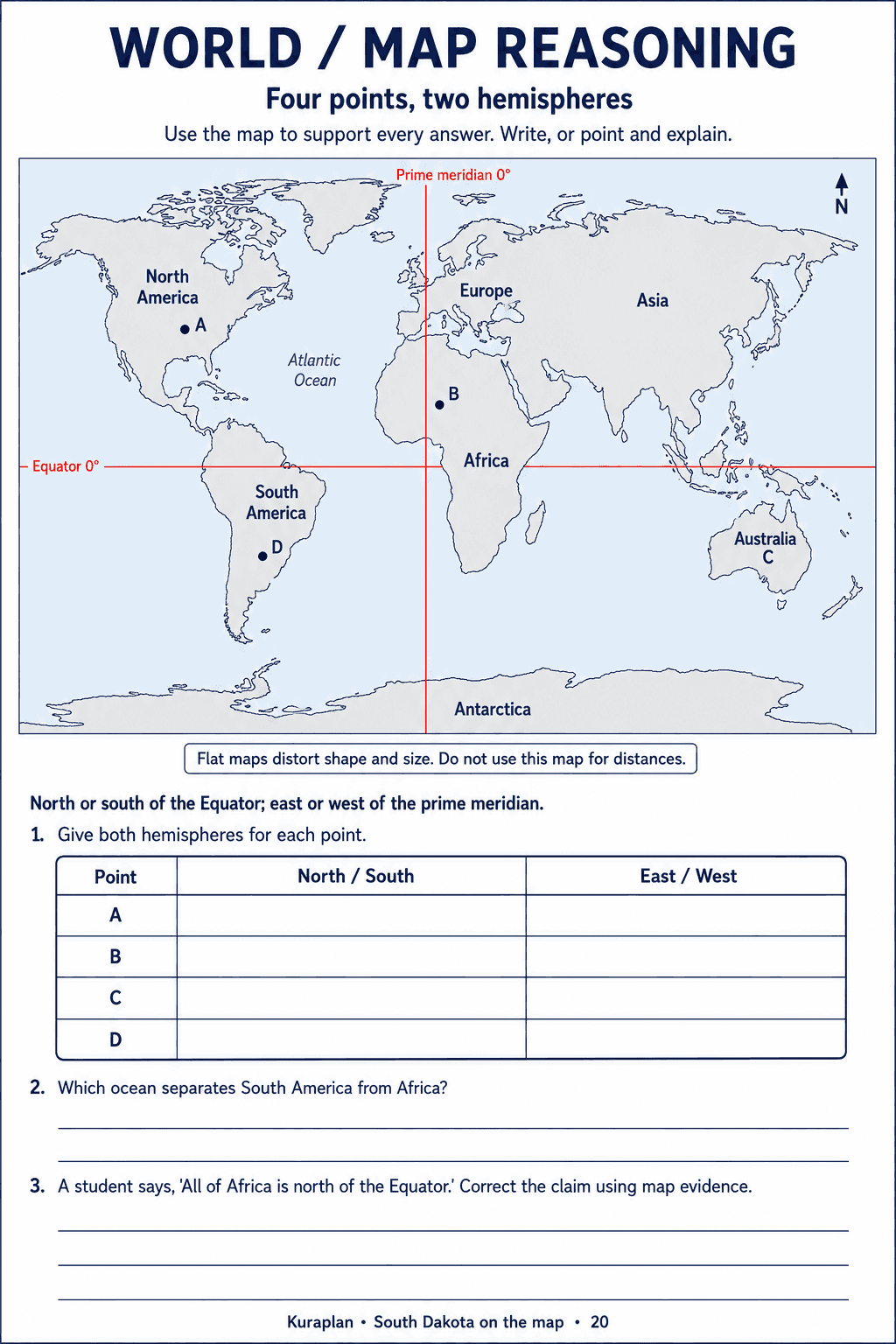 World map with Equator, prime meridian and four labeled positions above a blank hemisphere table and evidence questions.