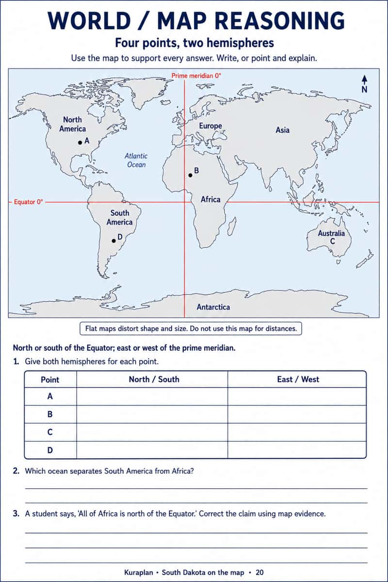 World map with Equator, prime meridian and four labeled positions above a blank hemisphere table and evidence questions.