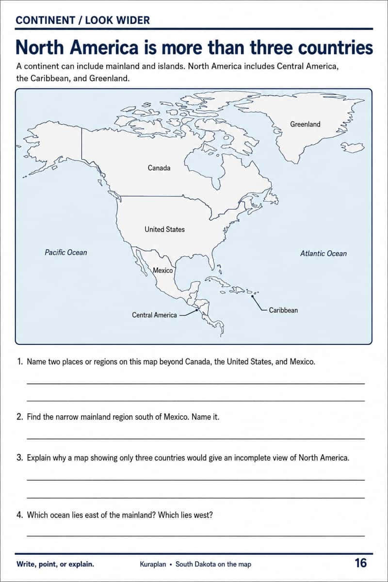 A selected North America map labels mainland and island regions and adjacent oceans above four questions.