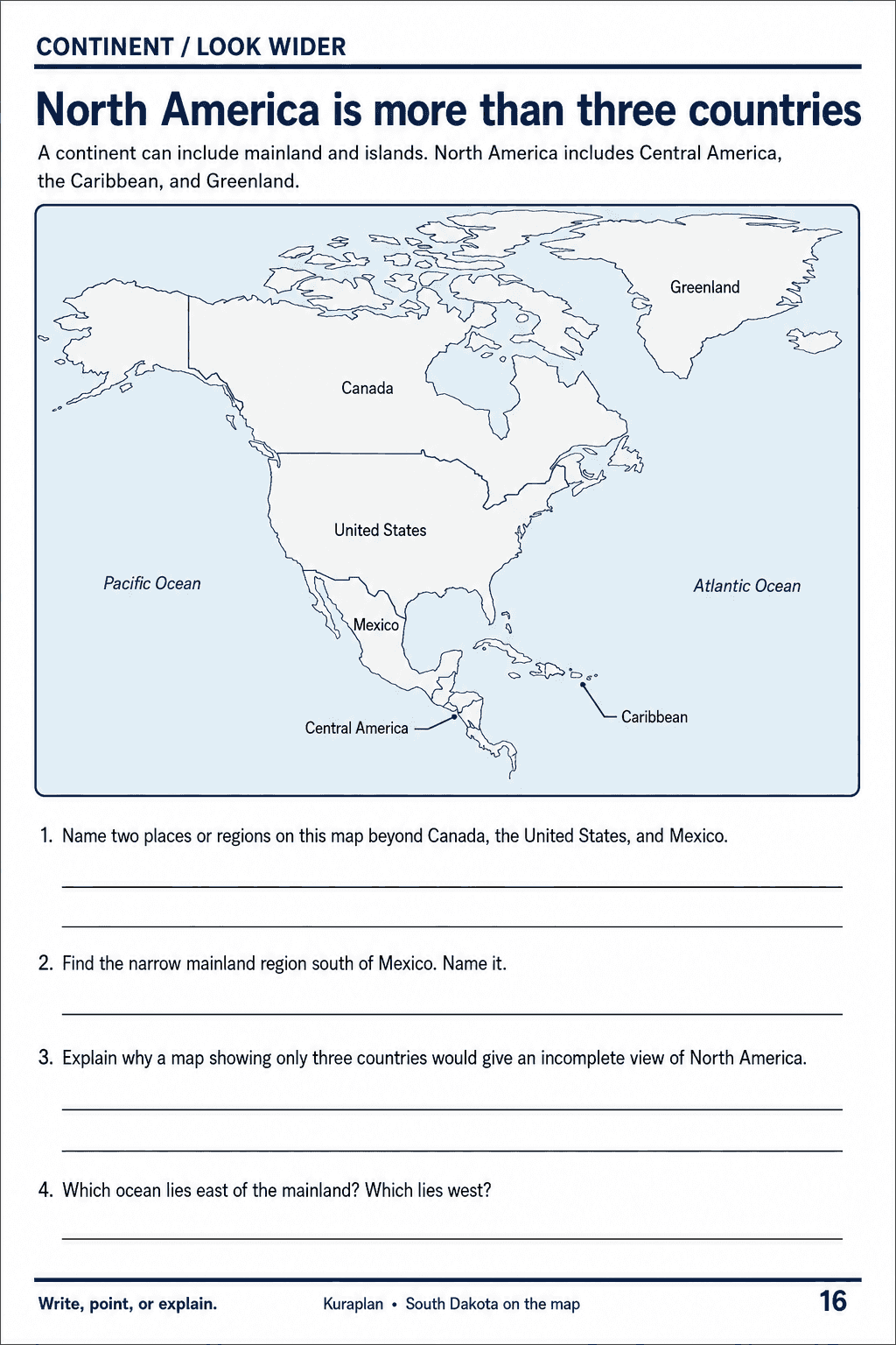 A selected North America map labels mainland and island regions and adjacent oceans above four questions.