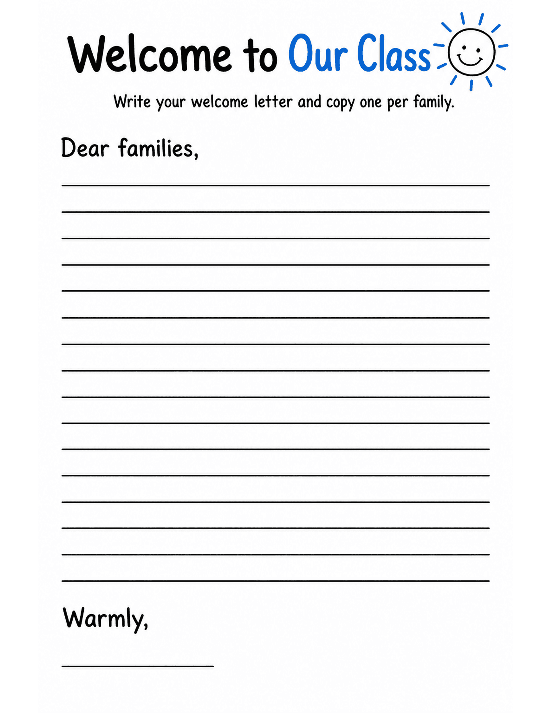 US Letter K-2 printable: Welcome to Our Class. Lined welcome letter template starting Dear families.