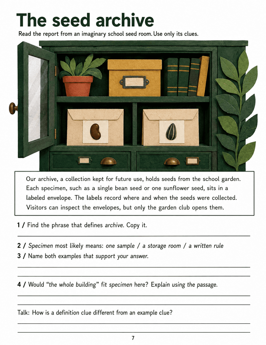 A seed archive cabinet with bean and sunflower seed envelopes and a definition-and-example passage.