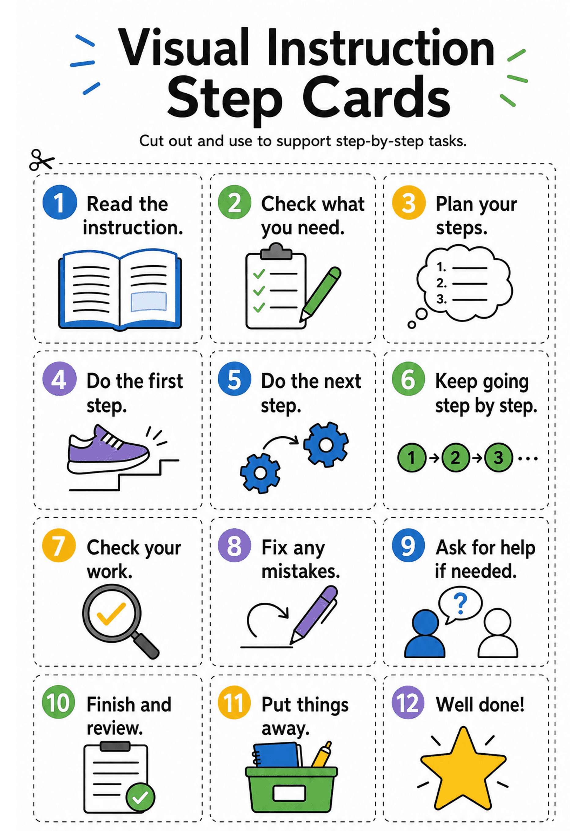Visual Instruction Step Cards: A single A4 page title 'Visual Instruction Step Cards' with scissors icon and dashed cut lines around 12 square cards arranged in a grid; each card has a coloured circular number (1–12), a short bold heading sentence (e.g. 'Read the instruction.', 'Check what you need.', 'Plan your steps.'), and a matching icon (book, checklist, thought bubble, shoe on steps, gears, numbered dots, magnifying glass, pencil, two people talking, clipboard, storage box, star). Text de...