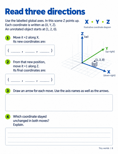 Read three directions worksheet with labelled XYZ axes, coordinate prompts and blank response boxes.