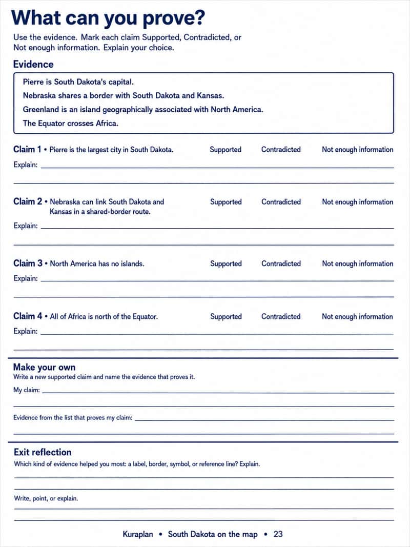 Four printed geographic facts and four claims with unselected classifications, reason lines, a new-claim task and reflection.