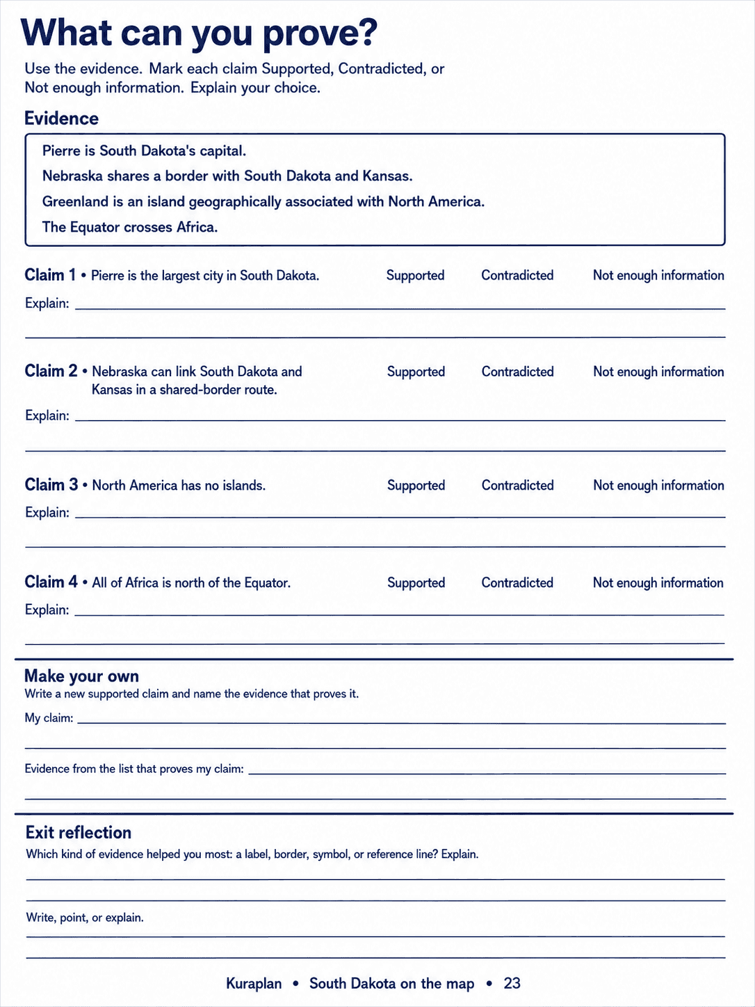 Four printed geographic facts and four claims with unselected classifications, reason lines, a new-claim task and reflection.