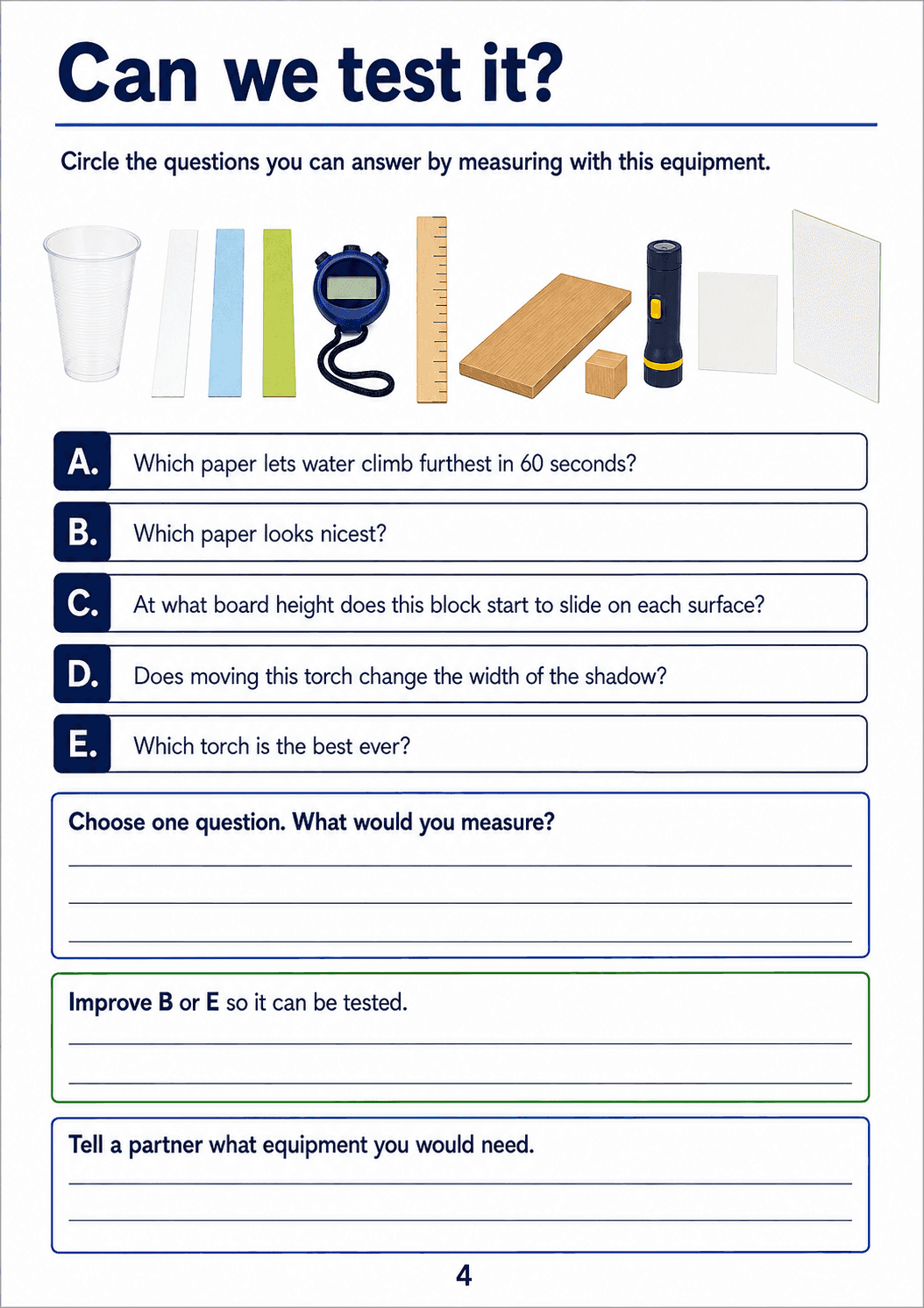 Five unmarked science questions, separate investigation equipment and two ruled response areas.