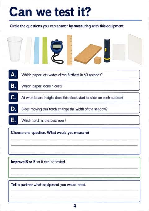 Five unmarked science questions, separate investigation equipment and two ruled response areas.