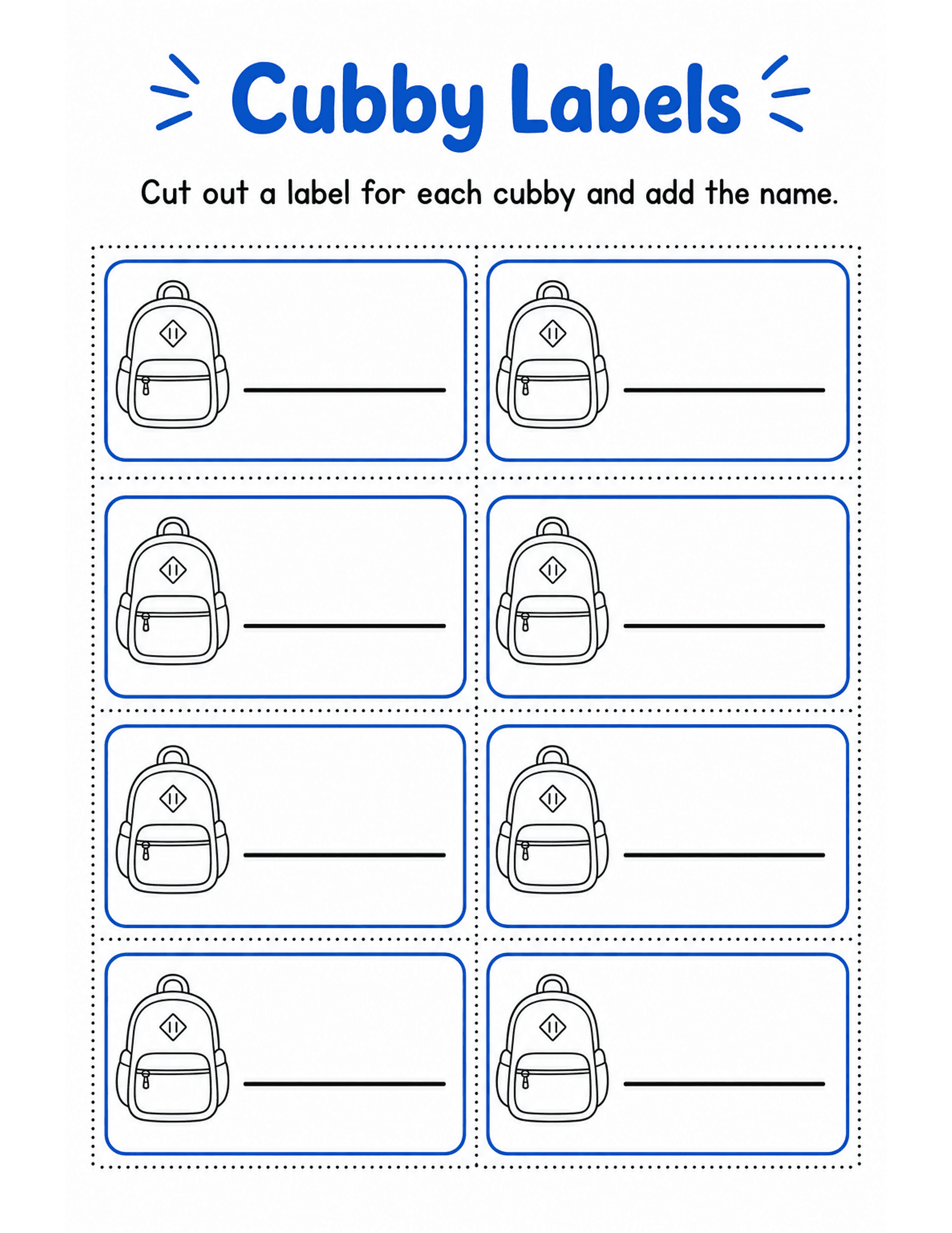 US Letter K-2 printable: Cubby Labels. Eight cut-out cubby or coat hook labels with a name line each.