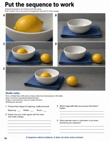 Build a three-image still-life setup sequence from five illustrative candidates and studio notes, explaining order, redundancy and omissions.