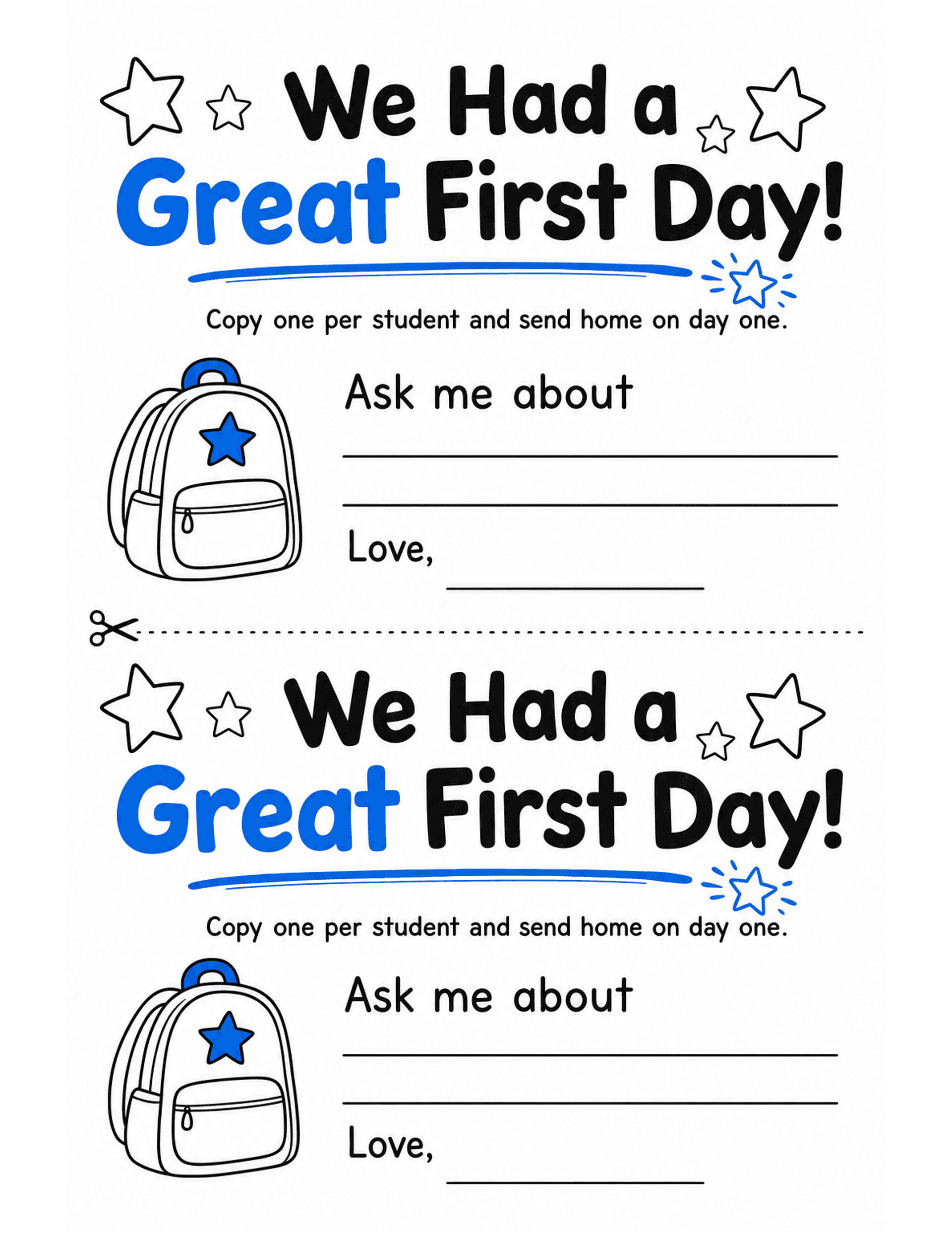 US Letter K-2 printable: We Had a Great First Day!. First-day note home with a short fill-in message area.